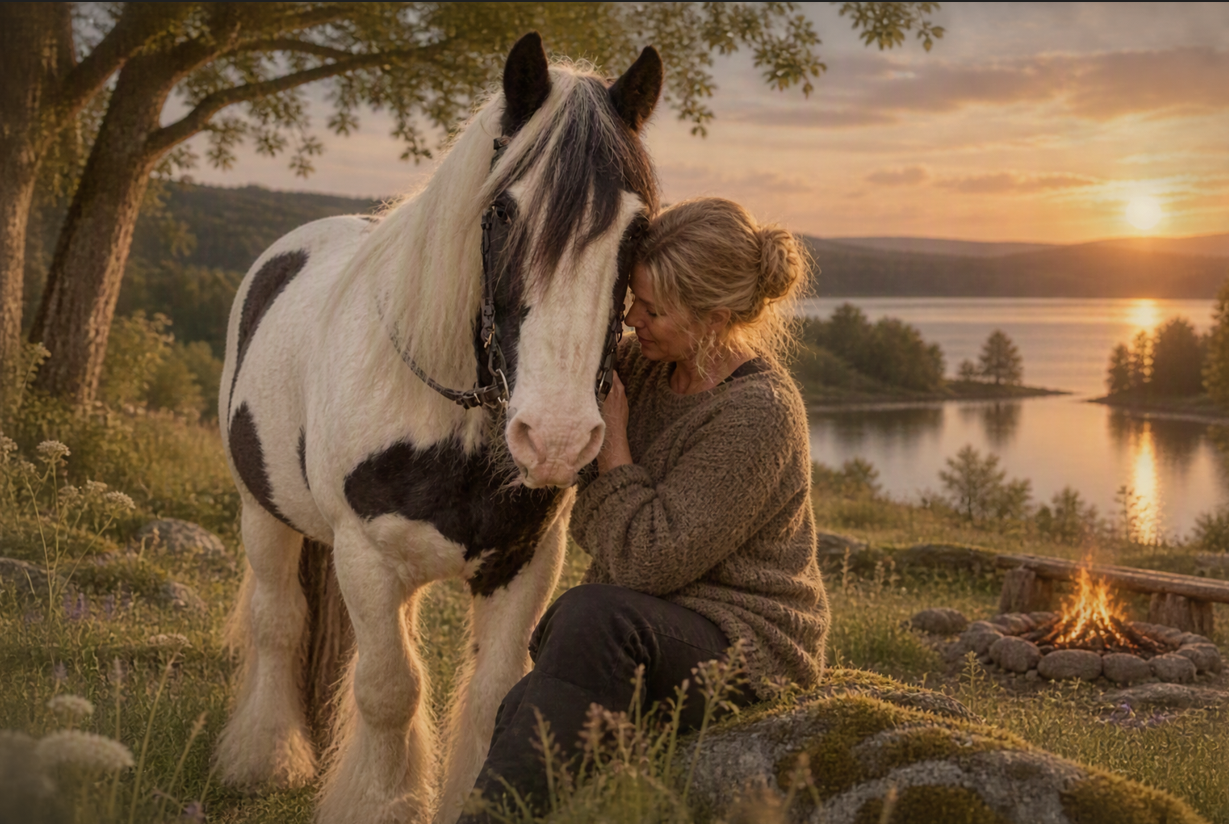 En sortbroget hest og et menneske deler et stille øjeblik i naturen ved solnedgang